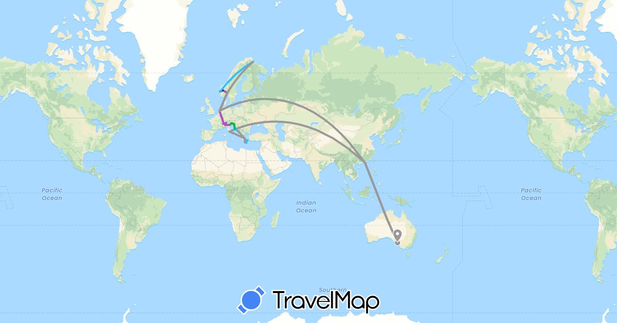 TravelMap itinerary: driving, bus, plane, train, boat in Australia, Switzerland, China, Greece, Croatia, Italy, Netherlands, Norway, Slovenia (Asia, Europe, Oceania)